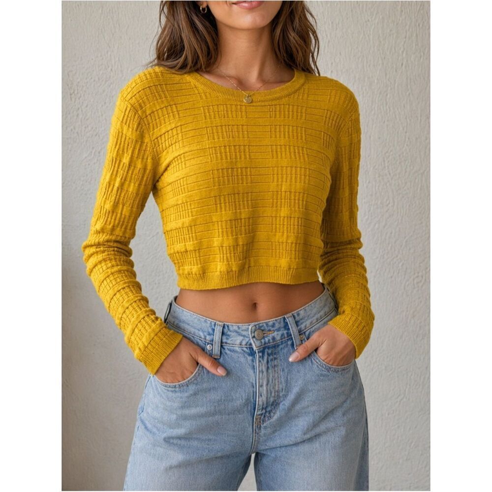 BCBGeneration Cotton Mustard Yellow Textured Long Sleeve Plaid Sweater Crop Top